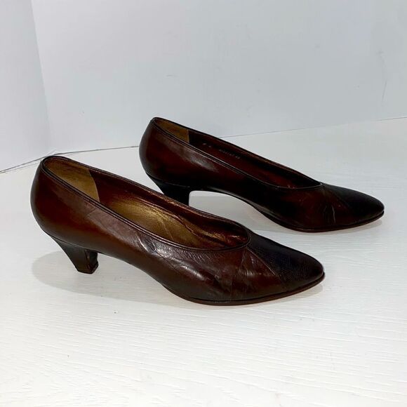 Bally Suisse Bellezza Brown Luxury Leather Snake Print Design Point Toe Pumps - Picture 4 of 17